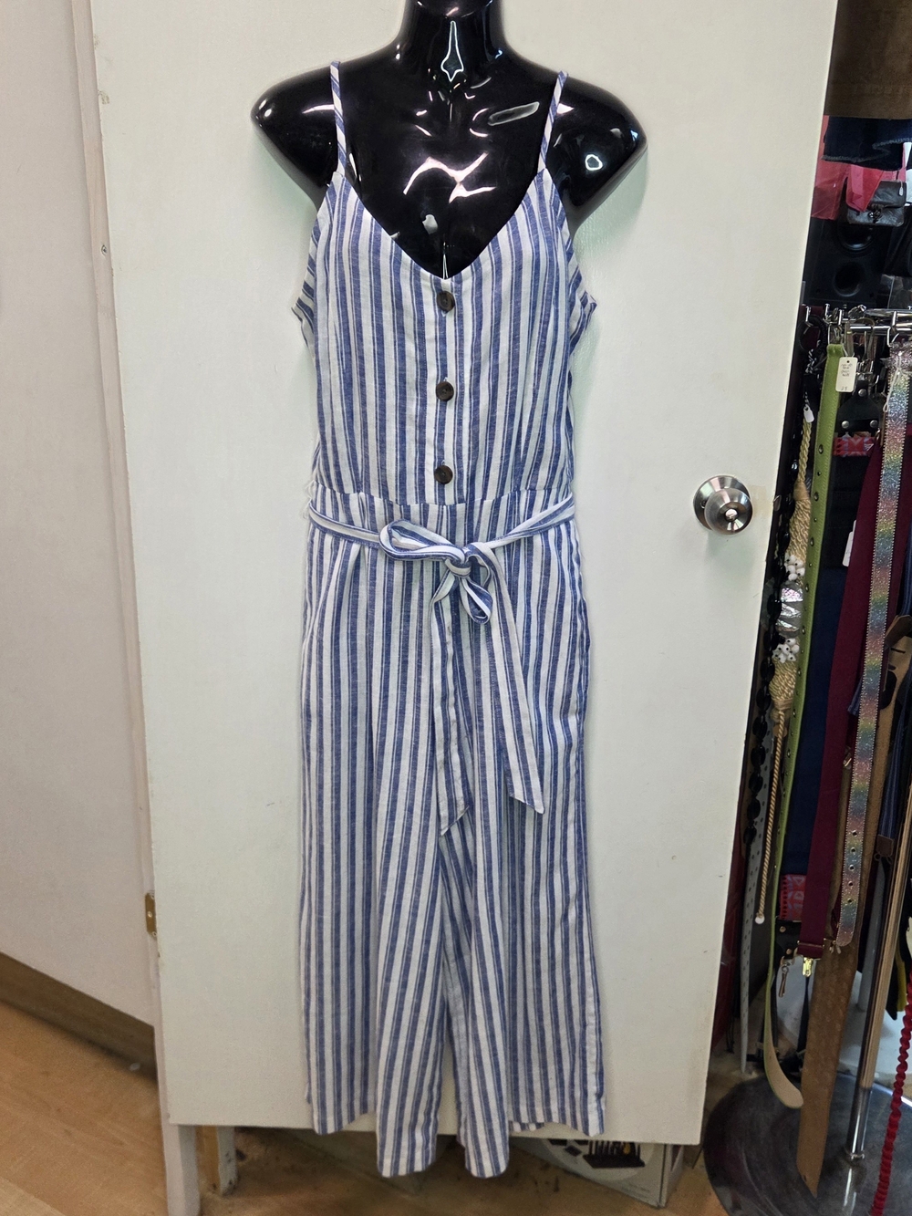 GAP Blue White Striped Linen Blend Wide Blend Sleeveless Jumpsuit with Tie Waist